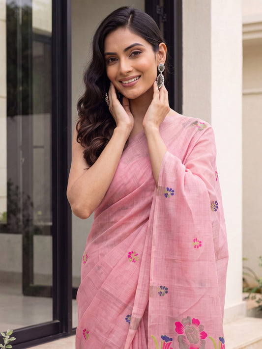 Baby Pink Multicolor Large Floral Cotton Saree