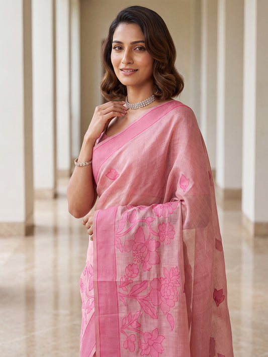 Rose Pink Tonal Large Floral Cotton Saree