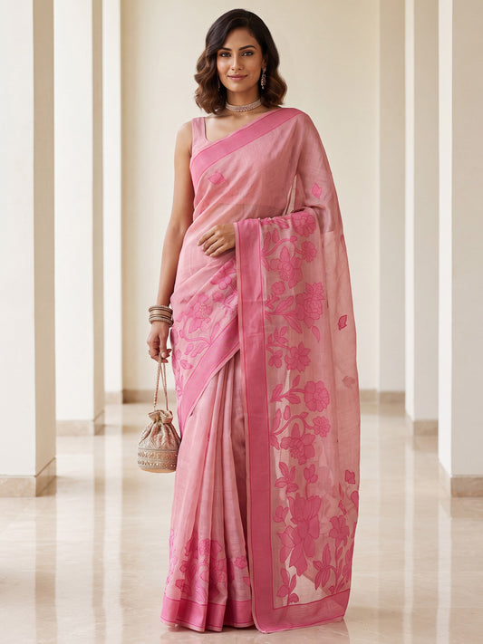 Rose Pink Tonal Large Floral Cotton Saree