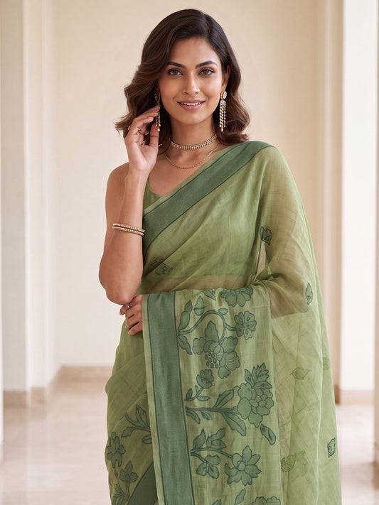 Olive Green Tonal Large Floral Cotton Saree