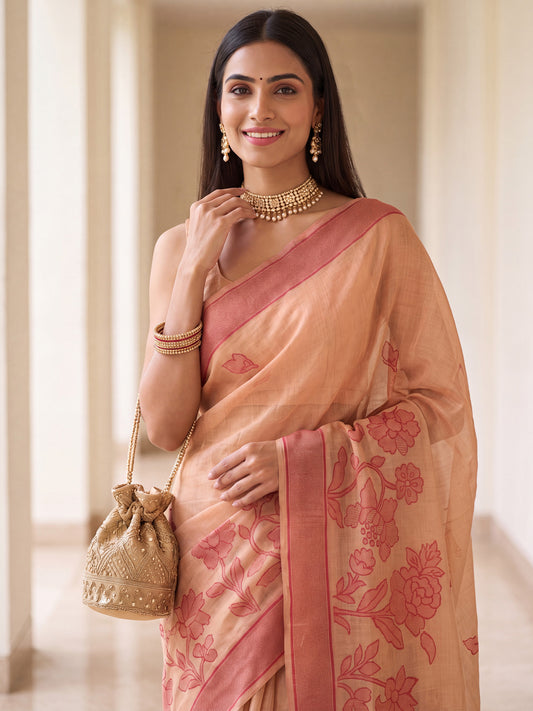 Rose Pink Tonal Large Floral Woven Cotton Saree