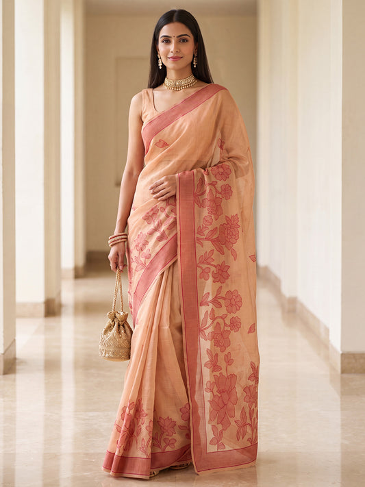 Rose Pink Tonal Large Floral Woven Cotton Saree