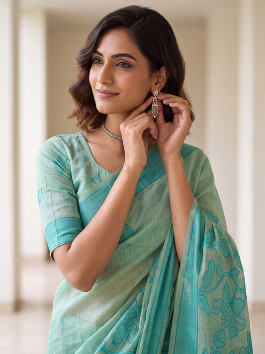 Mint Green Tonal Large Floral Cotton Saree