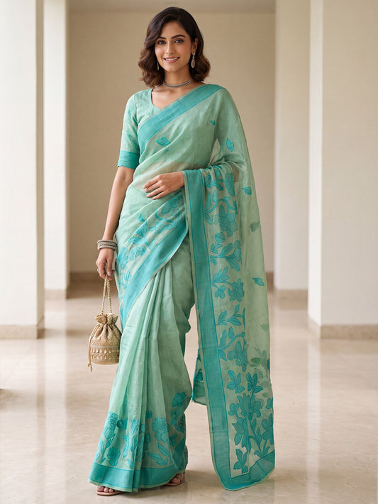 Mint Green Tonal Large Floral Cotton Saree