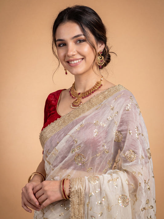 Cream Satin Golden Sequin Embroidery Saree