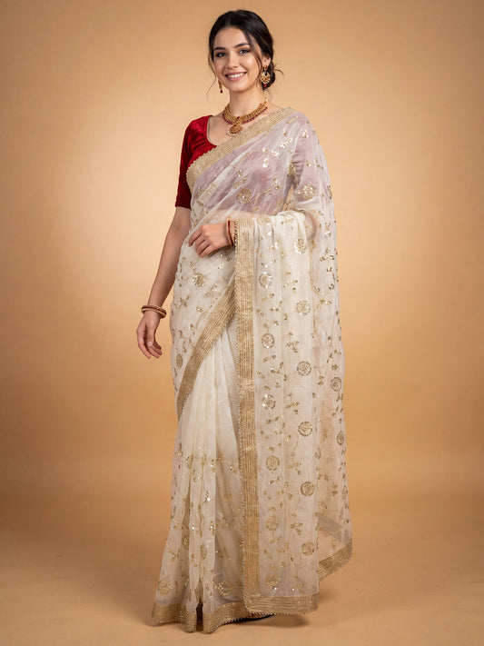 Cream Satin Golden Sequin Embroidery Saree