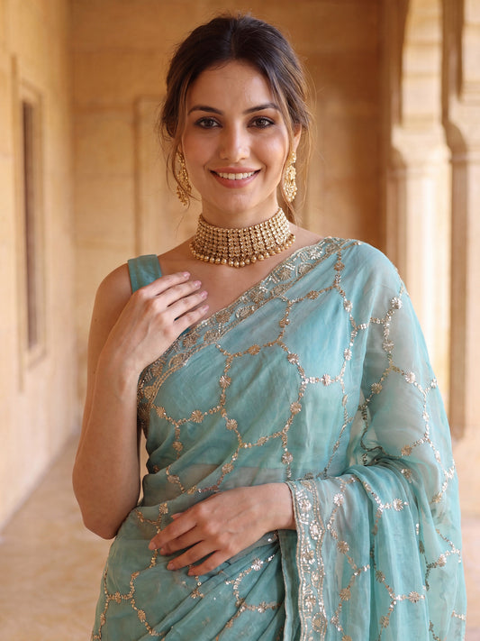 Turquoise Blue Sequin Embroidery Satin Saree