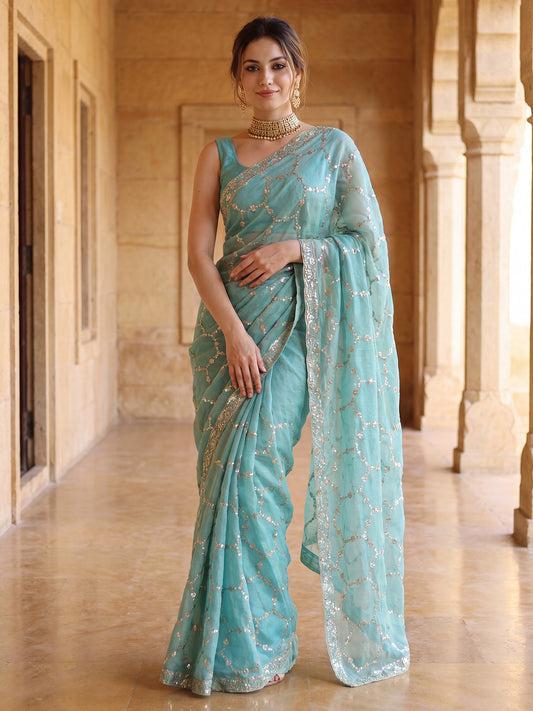 Turquoise Blue Sequin Embroidery Satin Saree