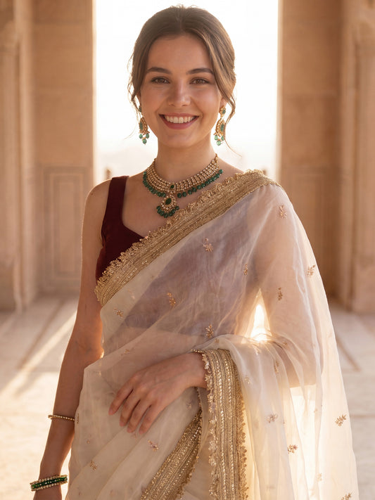 Cream Thread & Zari Embroidery Satin Saree