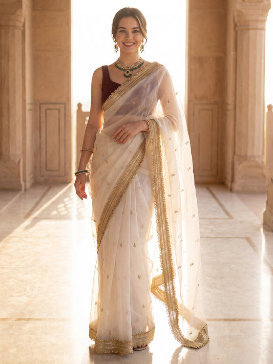 Cream Thread & Zari Embroidery Satin Saree