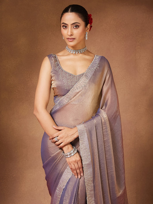 Lavender Grey : Shimmer Georgette : Mirror &amp; Sequin Embroidered Border : Blouse Saree