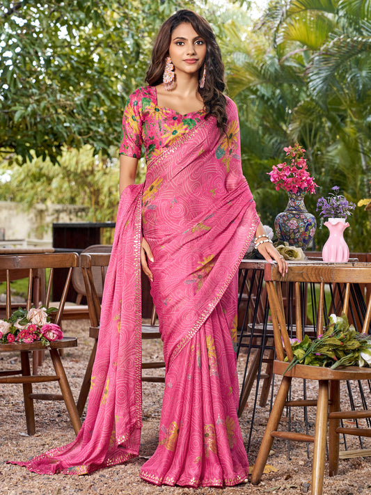 Pink Floral Printed Embroidery Chiffon Saree