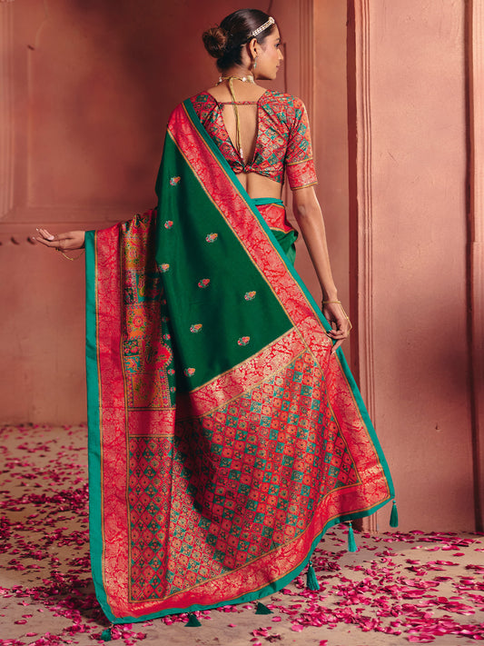 Green Banarasi Silk Saree with Red Meenakari Pallu