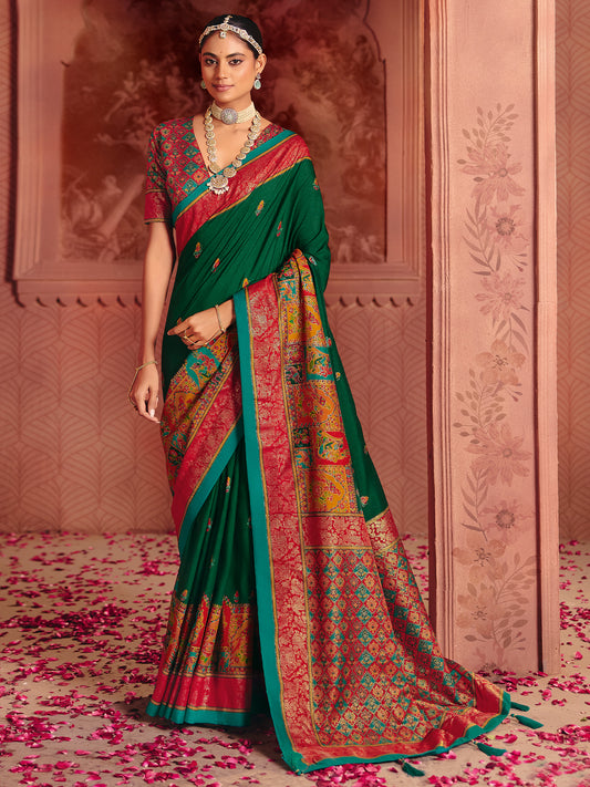 Green Banarasi Silk Saree with Red Meenakari Pallu