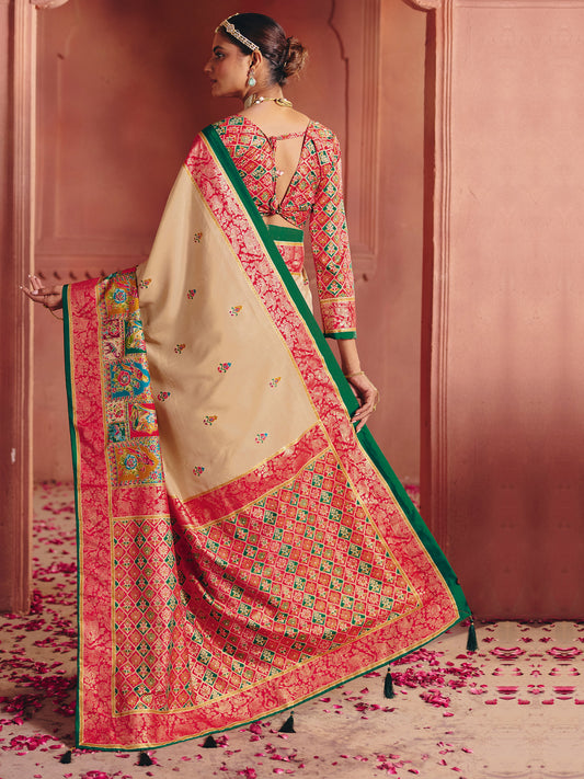 Cream & Red Patola Silk Saree |