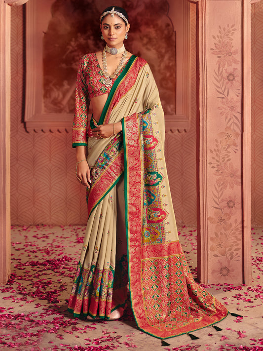 Cream & Red Patola Silk Saree |