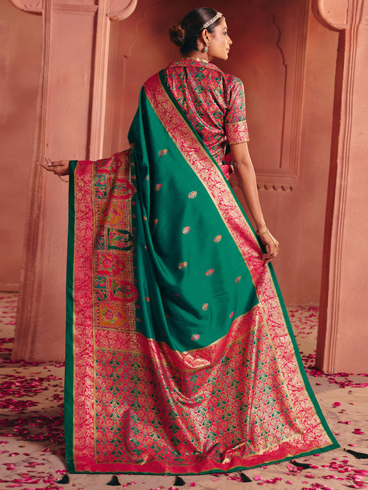 Green & Pink Banarasi Silk Saree with Patola Weave