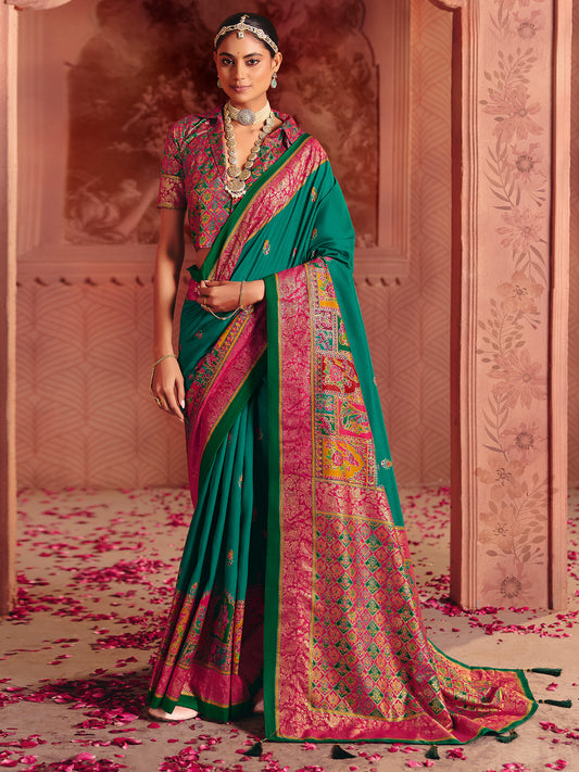 Green & Pink Banarasi Silk Saree with Patola Weave
