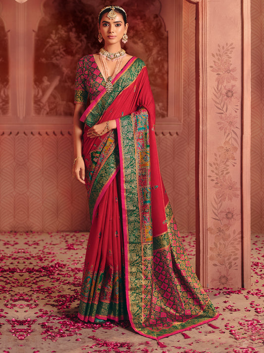 Crimson Silk Banarasi Saree with Meenakari Pallu & Brocade Blouse