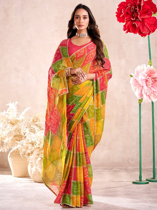 Multicolour Bandhani Print Georgette Saree with Embellished Border & Blouse
