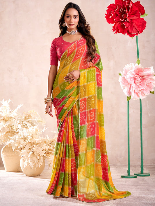 Multicolour Bandhani Print Georgette Saree with Embellished Border & Blouse