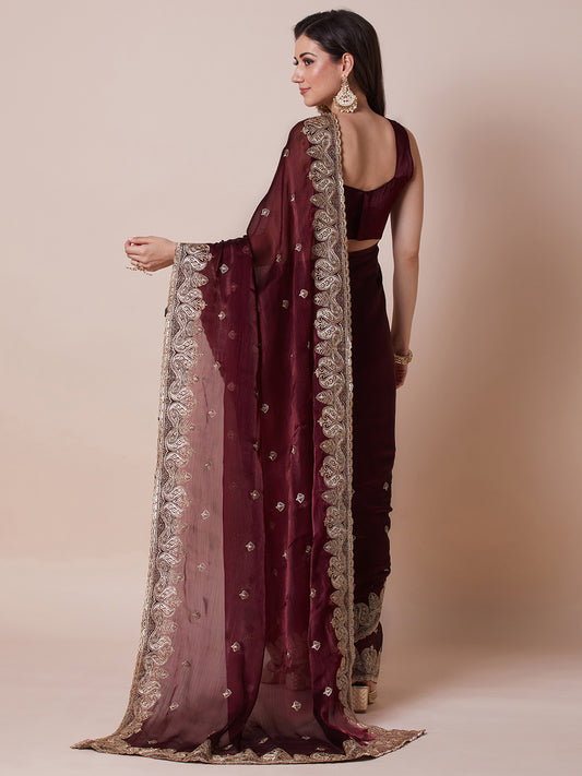 Wine Organza Embroidered Saree with Matching Blouse