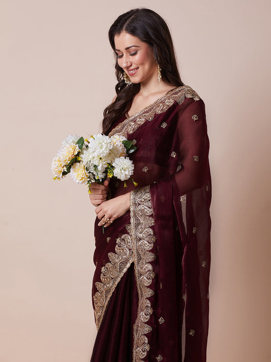 Wine Organza Embroidered Saree with Matching Blouse