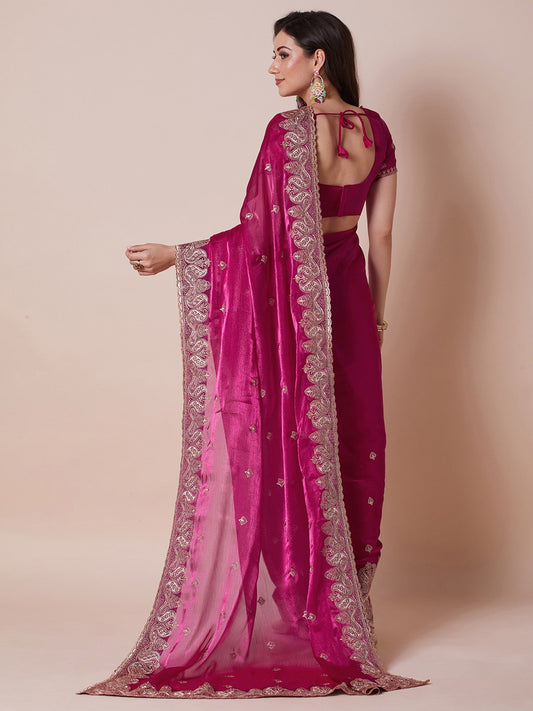 Rani Pink Organza Silk Saree with Zari Embroidery & Paisley Border