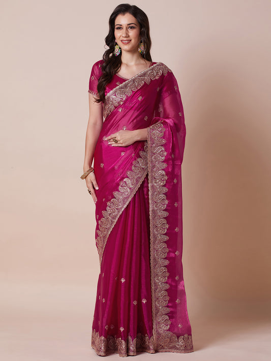 Rani Pink Organza Silk Saree with Zari Embroidery & Paisley Border