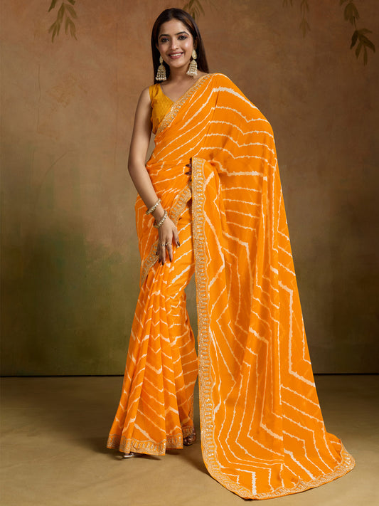 Mustard Yellow Leheriya Georgette Saree