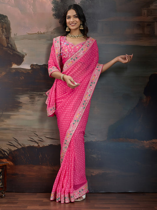 Hot Pink Bandhani Silk Saree with All-Over White Dot Weave, Broad Multicolour Kashmiri Embroidered Border & Heavily Embroidered Floral Blouse