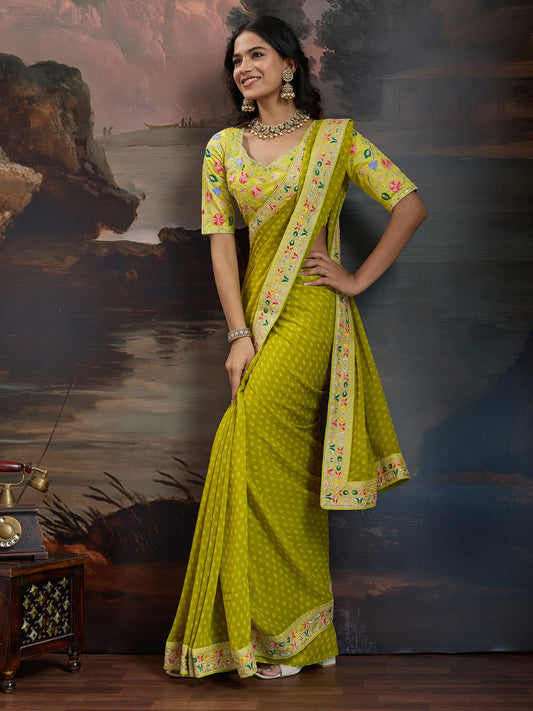 Olive Green Bandhani Georgette Saree