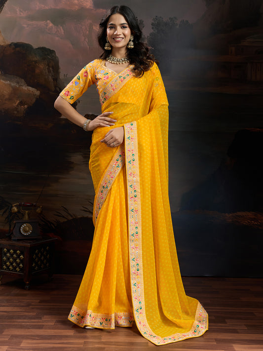 Sunshine Yellow Bandhani Silk Saree with All-Over White Dot Weave, Broad Multicolour Kashmiri Embroidered Border & Heavily Embroidered Floral Blouse
