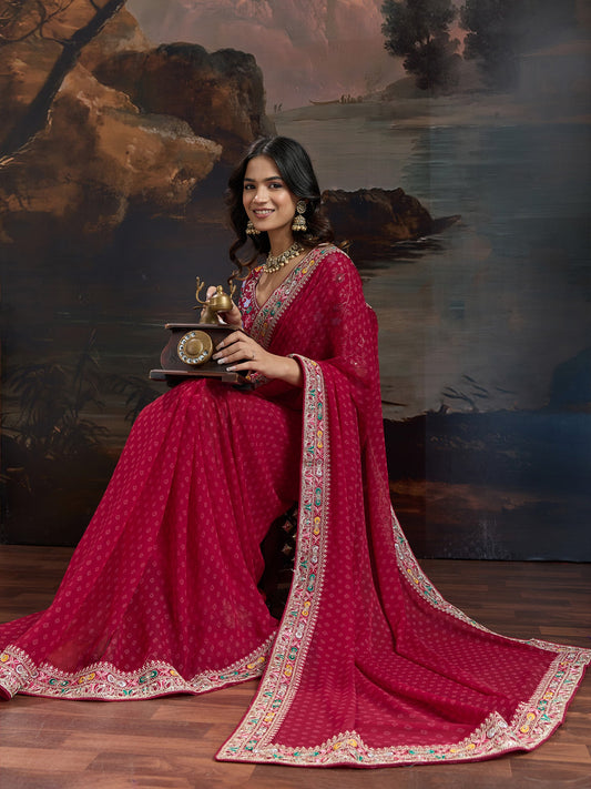 Crimson Red Bandhni Georgette Saree
