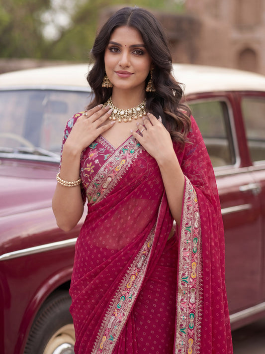 Berry Pink Georgette Silk Blend Saree