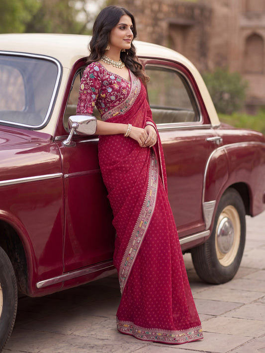 Berry Pink Georgette Silk Blend Saree