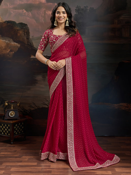 Deep Rani Pink Bandhani Chiffon Saree with All-Over Self-Tone Dot Weave, Broad Gold & Ivory Sequin Ogee Lattice Border & Gold Zari Swirl Scroll Embroidered Blouse