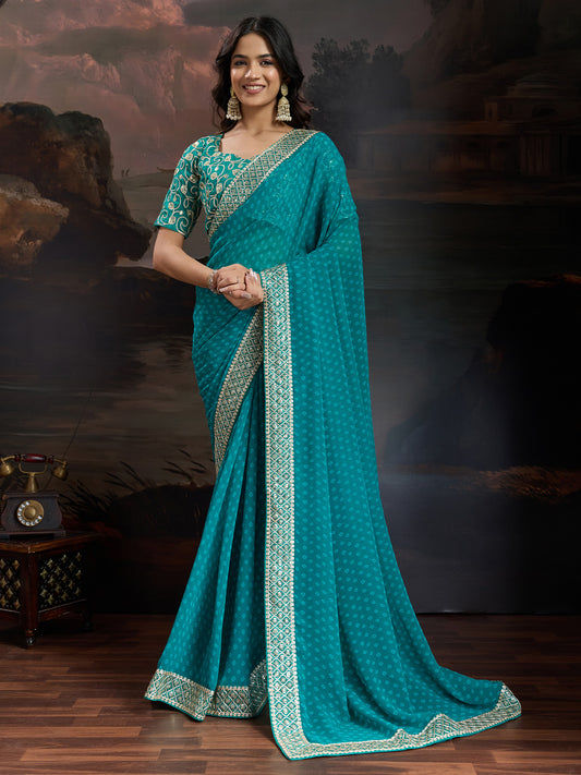 Peacock Teal Chiffon Saree with All-Over Self-Tone Bandhani Dot Weave, Broad Gold & Teal Sequin Geometric Lace Border & Gold Zari Scroll Embroidered Blouse