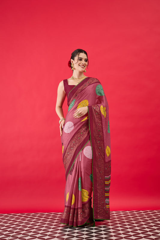 Vanamala Pink Bandhani Georgette Saree with Embellished Border & Maroon Blouse Piece