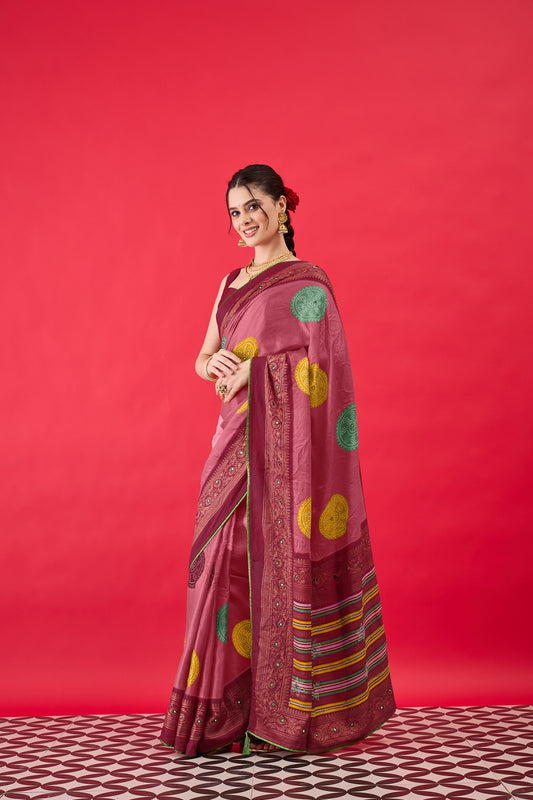 Vanamala Pink Bandhani Georgette Saree with Embellished Border & Maroon Blouse Piece