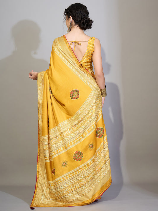 Mustard Yellow Satin Printed Saree