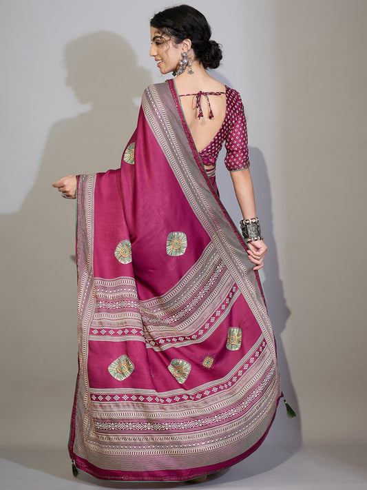 Dark Pink Tissue Silk Saree with Zari Stripes