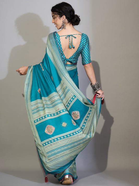 Teal Blue Tissue Silk Saree with Zari Stripes