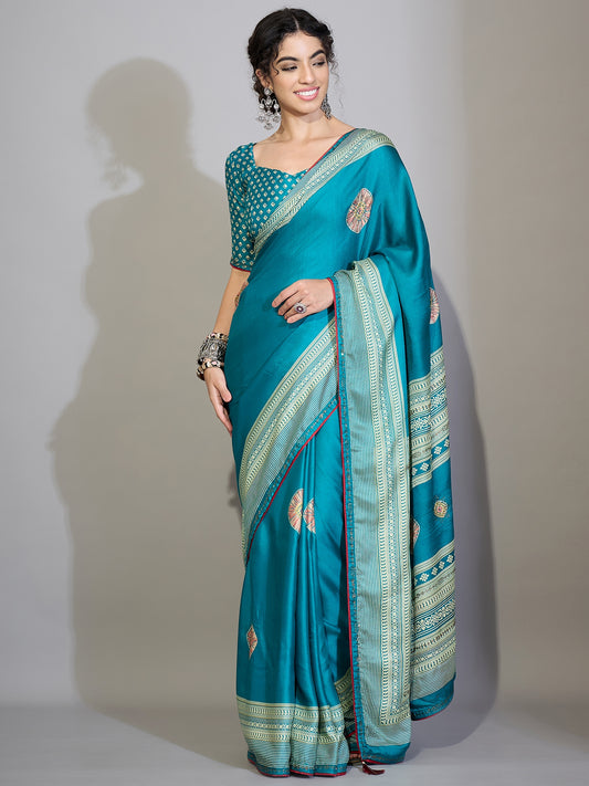 Teal Blue Tissue Silk Saree with Zari Stripes