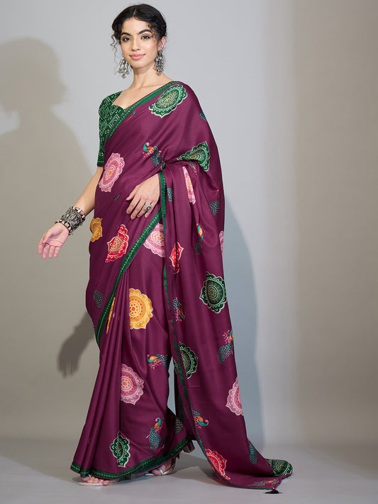 Wine Purple Printed Georgette Saree