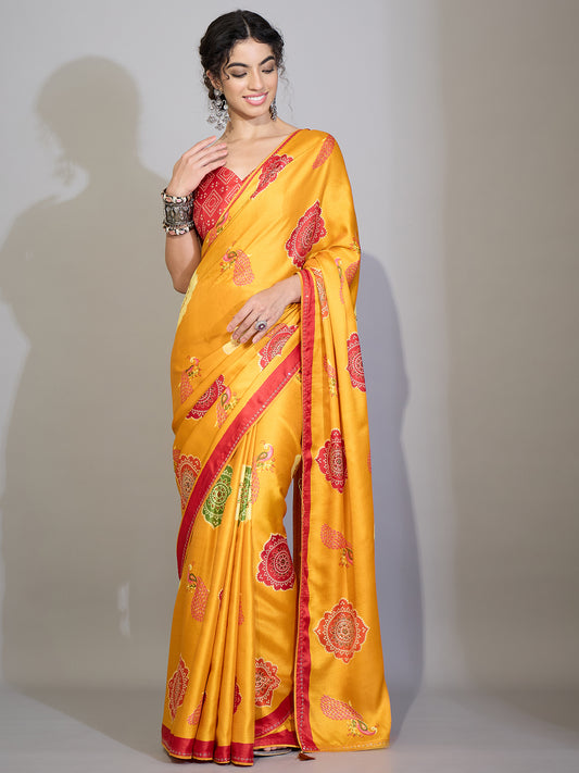 Mustard Yellow Printed Satin Silk Saree