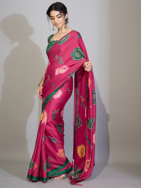 Magenta Pink Printed Crepe Saree
