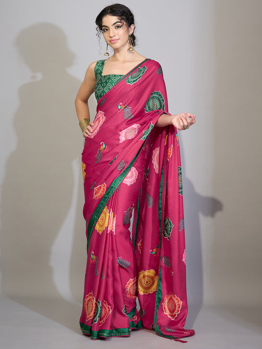 Magenta Pink Printed Crepe Saree