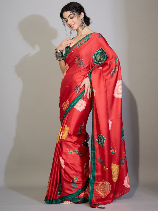 Red & Green Traditional Printed Saree
