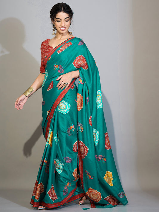 Teal Green & Peacock Digital Printed Saree